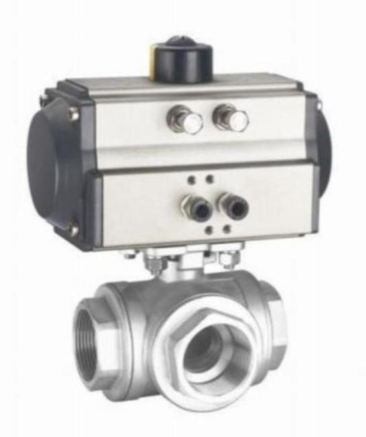 PNEUMATIC THREE WAY THREADED BALL VALVE